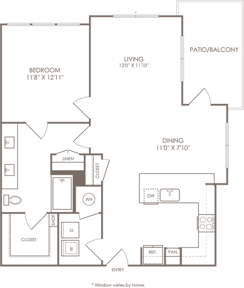 Floor plan for 1 bed, 1 bath, 962 sqft
